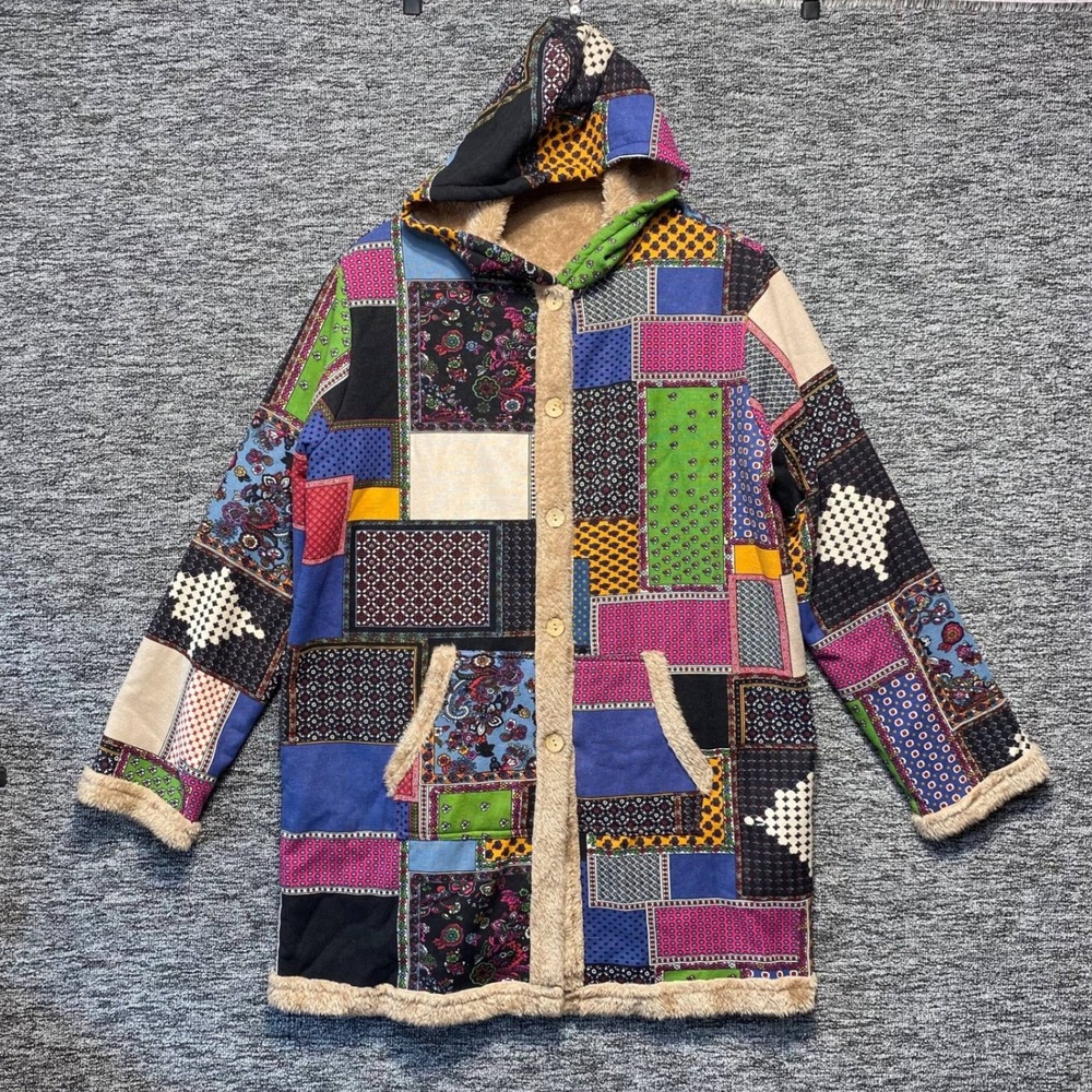 VTG Boho Patchwork Hooded Coat Plush Fleece Lined Jacket Hemp Bandana Women XL